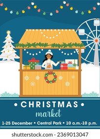 Christmas market advertising poster. Young  african american woman sells gifts at the kiosk. Christmas market. Market in the square. Vector illustration for poster, flyer, invitation.