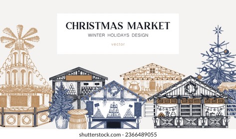 Christmas market background. Hand drawn vector illustration. European holiday marketplace banner design.. Christmas tree, wooden stall kiosk, candy shop, bakery, mulled wine sketches 