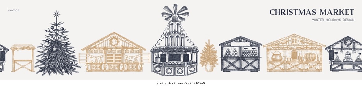 Christmas market background. Hand drawn vector illustration.  Holiday marketplace border design. Vintage seamless pattern. Christmas tree, wooden stall, candy shop, bakery, mulled wine sketches 