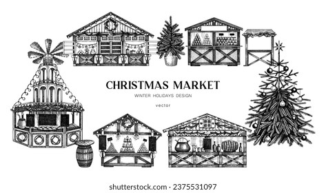 Christmas market background. Hand-drawn vector illustration. Traditional European holiday marketplace frame design. Christmas tree, wooden stall kiosk, candy shop, bakery, mulled wine sketches 