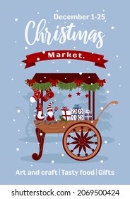 Christmas market banner. Decorated carts, fair stall counters. Bright little Christmas gnomes in caps, stars, lollipop, gift. Vector illustration for advertising banner, poster, flyer