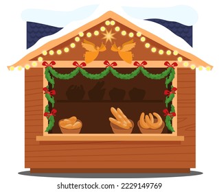 Christmas market bread bakery kiosk, holiday fair street outdoor sale, merchandise houses vector illustration. New Year kiosk