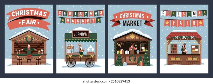 Tarjetas del mercado de Navidad. Carteles lindos de la feria, contadores de madera de vacaciones, dulces, regalos y recuerdos, decoración festiva y guirnaldas, diseño de Anuncio, estilo plano de dibujos animados aislado ordenado conjunto de Vector