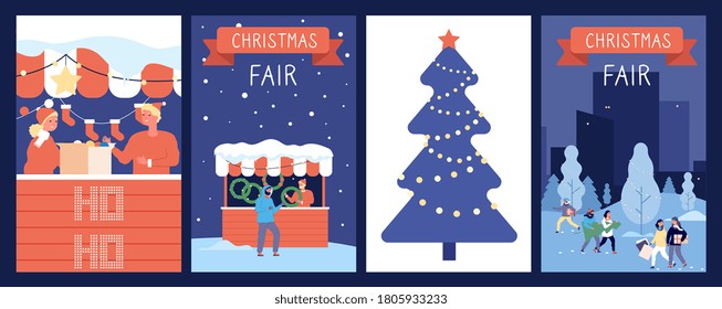 Christmas market cards. Holiday poster, new year or xmas fair, festive decorations. Happy cartoon people and red counters, winter time vector illustration