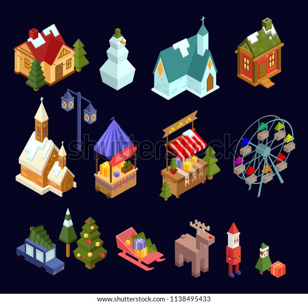 Christmas market and city isometric\
set isolated on navy blue background. Vector\
illustration