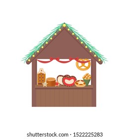 Christmas market. Classic European building, selling food. Vector illustrations.