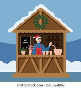 Christmas market. A counter with hot drinks, mulled wine, coffee. Flat vector illustration