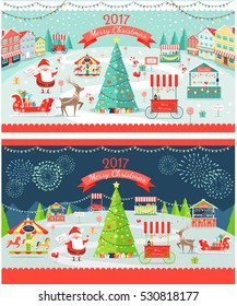 Christmas market day and night panoramic vector illustration. Merry Christmas and Happy New Year greeting card design. Xmas tree, santa, deer and sledges, shops and carrousels. Big sale. Firework