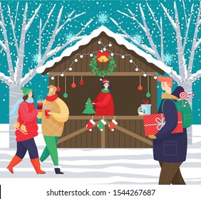 Christmas market decorated by garland and snowflakes. Man and woman with gift box walking on winter holiday. People in warm clothes going near snowy fir-trees. Retail of Xmas presents outdoor vector