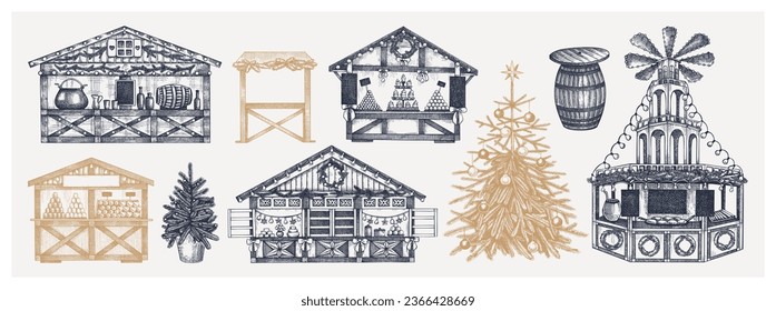 Christmas market design elements. Hand drawn vector illustration. Traditional winter holiday marketplace. Wooden stall kiosk, Christmas tree, candy shop, bakery, fast food, mulled wine sketches