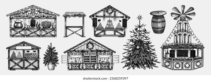 Christmas market design elements. Hand drawn vector illustration. Traditional winter holiday marketplace. Wooden stall kiosk, Christmas tree, candy shop, bakery, fast food, mulled wine sketches