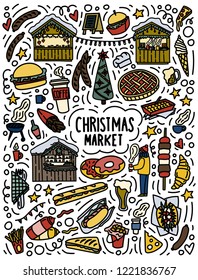 Christmas market doodles concept. Hand drawn street food marker design. Stock vector
