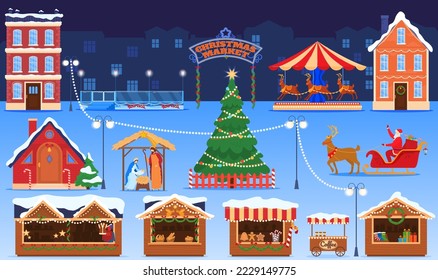 Christmas market fair decoration and kiosk, holiday street outdoor sale, merchandise houses vector illustration. New Year tree, santa sleg and deer, biblical nativity story, carousel