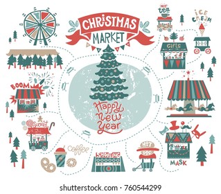 Christmas market, fair, winter festival  Set. Happy New year inscription. Christmas tree, trucks with gifts and food, a Ferris wheel, garlands, horses carousel, Shooting gallery, fireworks, masks shop