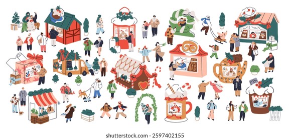 Christmas market. Festive winter fair with tiny people walking on street, shopping at stalls, kiosks, booths with traditional holiday decorations. Flat vector illustration isolated on white background