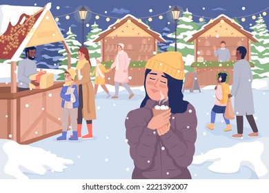 Christmas market flat color vector illustration. Girl enjoying hot chocolate. Xmas holiday. Winter season. Fully editable 2D simple cartoon characters with festive Christmas atmosphere on background