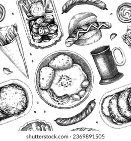 Christmas market food background. Fast food seamless pattern. Vintage hand-drawn vector illustration. Bakery, pastry, sweets, grilled meat, hot drinks sketches.