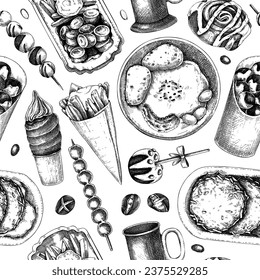 Christmas market food background. Fast food seamless pattern. Vintage hand-drawn vector illustration. Bakery, pastry, sweets, grilled meat, hot drinks sketches.