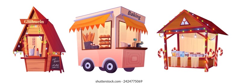 Christmas market food stalls set isolated on white background. Vector cartoon illustration of gluhwein and sweets shop, bakery trailer, menu board and garland lights, city trade fair design elements