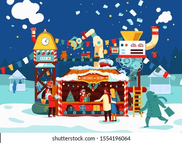 Christmas market  Christmas gift factory and toys  present conveyor  Fair and magic stall  where letters to Santa Claus turn into gifts  Family and gift boxes xmas fair  Winter holidays