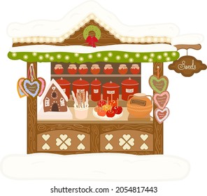 Christmas market . Gingerbread house . Caramel apples. Hot winter drink. 