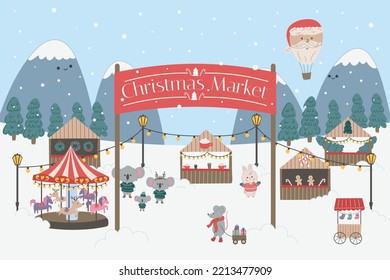 Christmas market and holiday fair elements poster template with animal cartoon characters.Christmas Cute animals celebrating,resting.Resting Outdoors, Buying and Drinking Hot Beverages