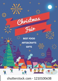 Christmas market and holiday fair poster.  Winter and holiday activities. Flat vector illustration.