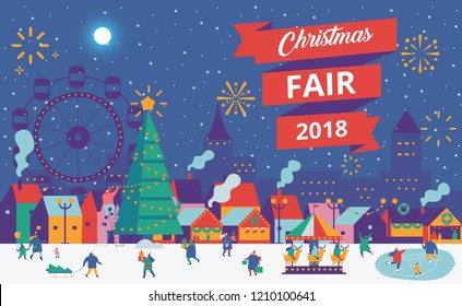 Christmas market and holiday fair poster.  Winter and holiday activities. Flat vector illustration.