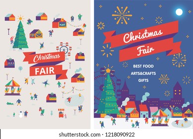 Christmas Market And Holiday Fair Posters. Flat Vector Illustration.