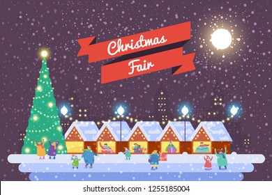 Christmas market and holiday fair posters. Flat vector illustration.