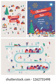 	
Christmas market and holiday fair posters. Winter season background people characters. Winter outdoor activities. Flat vector illustration.