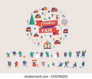 Christmas market and holiday fair. Winter outdoor activities - skating, skiing, throwing snowballs, building snowman.Tiny People walking between decorated kiosks. Flat vector set.	