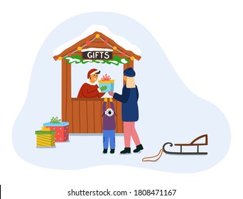 Christmas market and holiday fair. Woman with a child buy gifts in a kiosk. Vector illustration on a white background. Good for card, poster, invitation