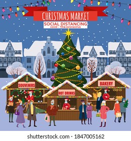 Christmas Market holiday fairs or festive on city square. In conditions of the COVID 2019 pandemic sellers in medical masks, Social distancing. People walk and buy between canopy, stalls, kiosks