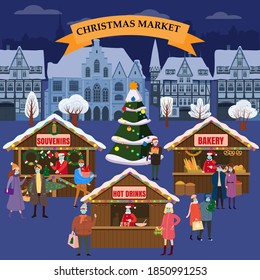 Christmas Market holiday fairs or festive on city square. In conditions of the COVID 2019 pandemic sellers in medical masks, Social distancing. People walk and buy between canopy, stalls, kiosks