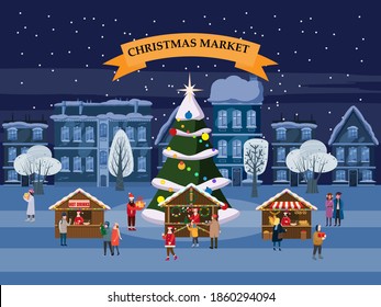 Christmas Market Holiday Fairs Or Festive On City Square. People Walk And Buy Between Canopy, Stalls, Kiosks. Background Silhoutte Old Town, Xmas Tree. Vector Illustration Isolated