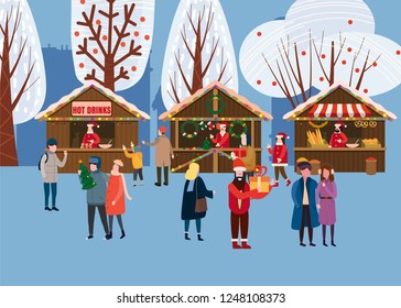 Christmas market or holiday outdoor fair on town square. People walking between decorated stalls, canopy or kiosks, buying snacks,gifts, decoration and drinking hot coffe, tea and mulled wine