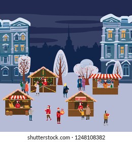Christmas market or holiday outdoor fair on town square. Christmas tree. People walking between decorated stalls, canopy or kiosks, buying snacks,gifts, decoration and drinking hot coffe, tea and