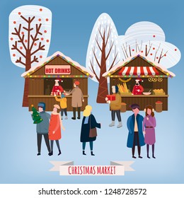 Christmas market or holiday outdoor fair on town square. People walking between decorated stalls, canopy or kiosks, buying snacks,gifts, decoration and drinking hot coffe, tea and mulled wine