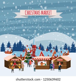 Christmas market or holiday outdoor fair on town square. People walking between decorated stalls, canopy or kiosks, buying snacks,gifts, decoration and drinking hot coffe, tea and mulled wine