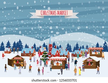 Christmas market or holiday outdoor fair on town square. People walking between decorated stalls, canopy or kiosks, buying snacks,gifts, decoration and drinking hot coffe, tea and mulled wine