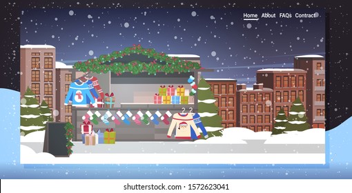 christmas market or holiday outdoor fair merry xmas new year winter holidays celebration concept cityscape snowfall background horizontal vector illustration