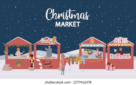 Christmas Market, Holiday outdoor fair. People selling and shopping at walking street, Christmas clothes and accessories shop on winter background. Vector illustration.