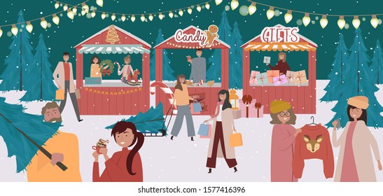 Christmas Market, Holiday outdoor fair. People selling and shopping at walking street, drinking cocoa and having a rest with their family, Christmas clothes and accessories shop on winter background. 