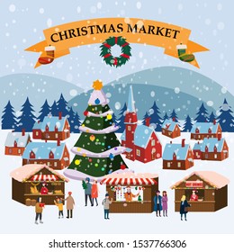 Christmas market or holiday winter outdoor fair on town square big New Year tree. Big set of people walking, buying gifts, drinking coffee, decorated souvenir stalls or kiosks with gifts and food