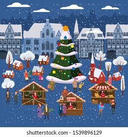 Christmas market or holiday winter outdoor fair on oldtown square big New Year tree cityscape. Big set of people walking, buying gifts, drinking coffee, decorated souvenir stalls or kiosks with gifts