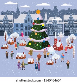 Christmas market or holiday winter outdoor fair on oldtown square big New Year tree cityscape. Big set of people walking, buying gifts, drinking coffee, decorated souvenir stalls or kiosks with gifts