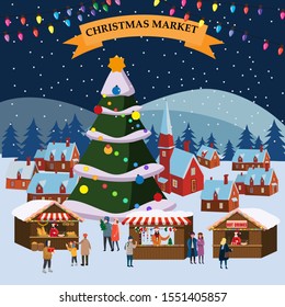 Christmas market or holiday winter outdoor fair on town square big New Year tree. Big set of people walking, buying gifts, drinking coffee, decorated souvenir stalls or kiosks with gifts and food