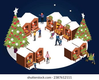 Christmas market or holiday winter outdoor fair isometric 3d vector illustration concept for banner, website, landing page, flyer, greeting card, etc