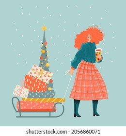 Christmas market illustration with cute red-haired girl with gifts, Christmas tree and mulled wine. Preparing for the holidays